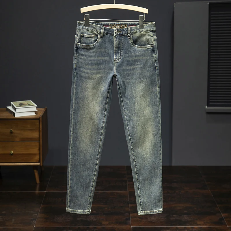 2024 New Slim-Fit Cropped Jeans Men's Retro Trendy High-End Simple Casual All-Match Classic Denim Trousers