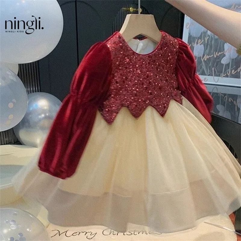 

Girls' Dress Red Velvet Dress Pearl Neck Glitter Warm Princess Dress Kids Clothes For Christmas Patchwork New Year Birthday Prom