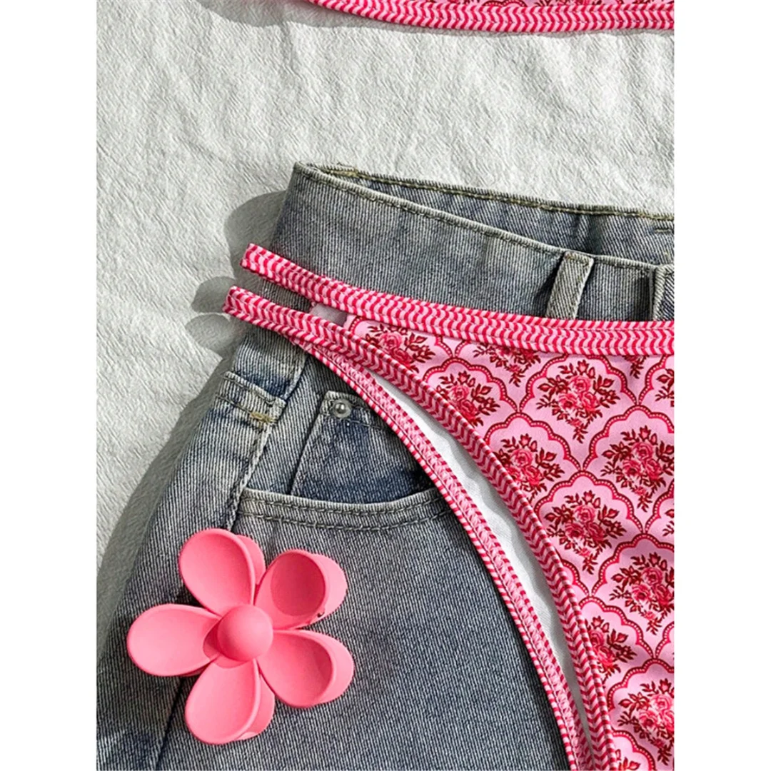 S - XL, mit Blumenmuster, hoch geschnittener Bikini, Damen-Badeanzug, zweiteiliges Bikini-Set, Badebekleidung, Badeanzug, Modell V6965. – Detail 14