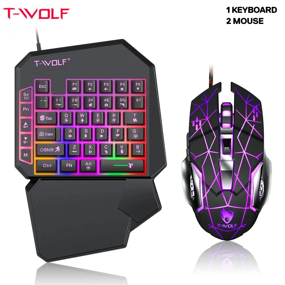 T-WOLF One-Handed Gaming Keyboard Mouse Combo Converter Gaming Controller for Mobile PUBG FPS Game Accessories