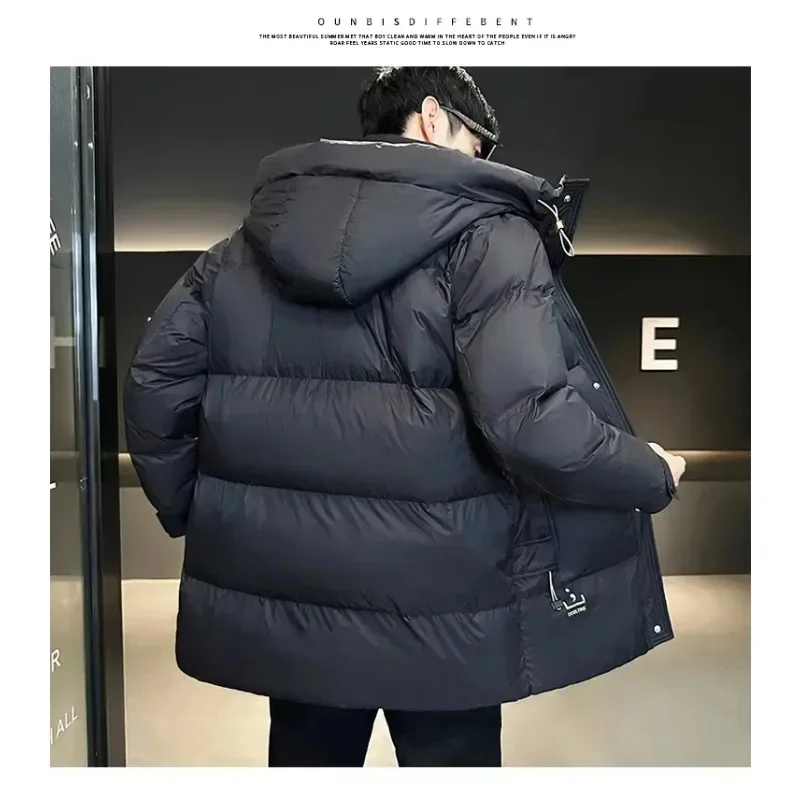 Men's Long Down Jacket Winter Velvet Coat Men Thickening Warm Wearing Hooded Heated Lightweight Black