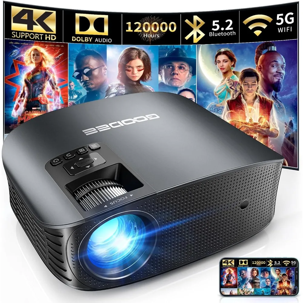 Projector 4K With WiFi And Bluetooth Supported, FHD 1080P Mini Projector For Outdoor Moives, 5G Video Projector