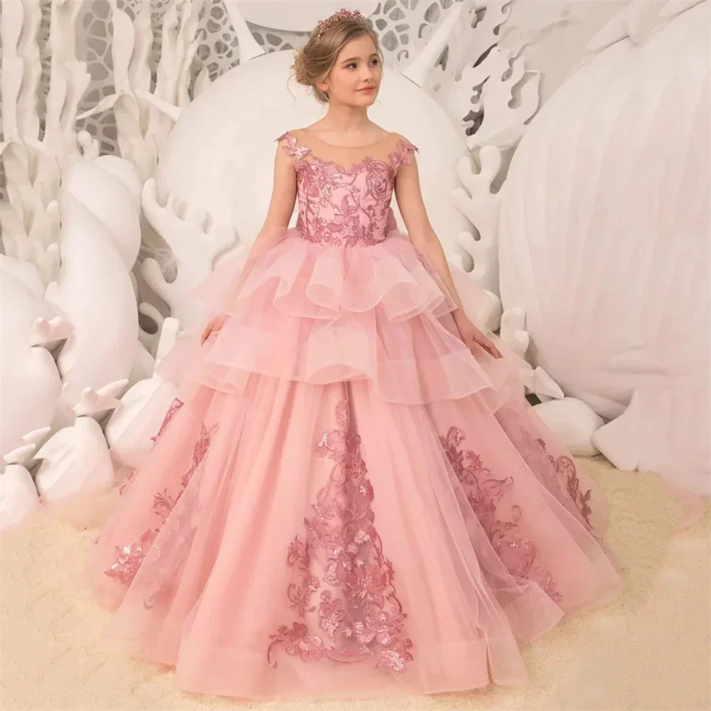 Elegant Pleat Lace Appliques A Line Luxury Communion Dress For Girl Bow Backless Floor Length Sweep Train Flower Girl Gowns