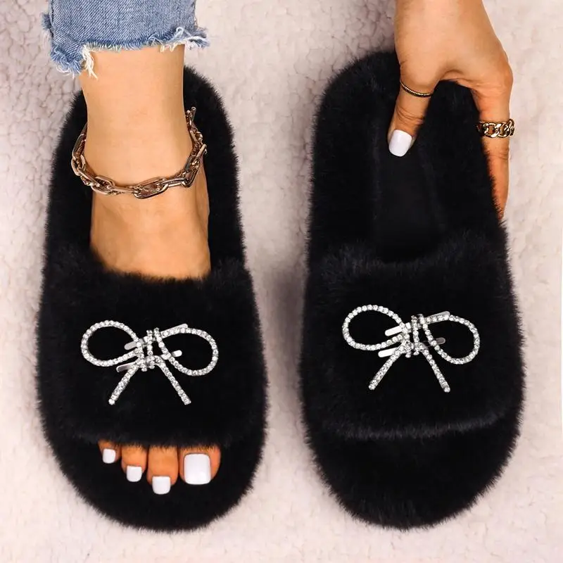 Winter Female Warm Slippers Rhinestone Bowknot Design Indoor Leisure Fashion Cross Cotton Furry Women Home Slides Flip Flops