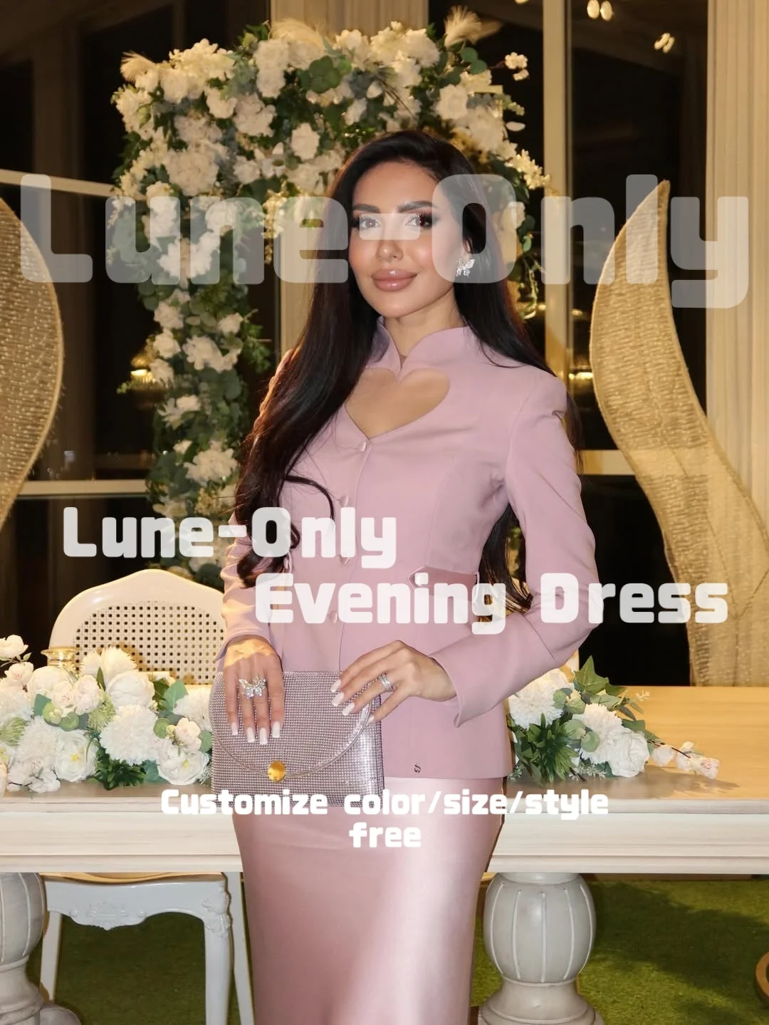 カスタマイズされた長袖のハート型カットジャケット付きイブニングドレス、フォーマルな機会に最適なピンクの2ピースプロムドレス、パーティガウン