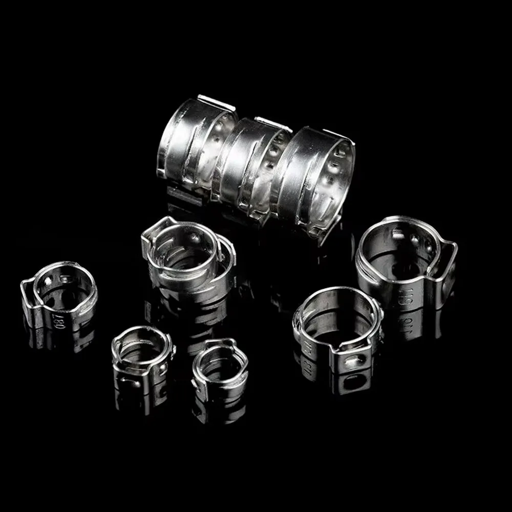 100 Stück 304 Edelstahl Einohr-Schlauchschellen Sortiment + Schraubstockklemmenringe Crimp Pinch Set Zangen Holzbearbeitungsrohrschelle – Detail 6