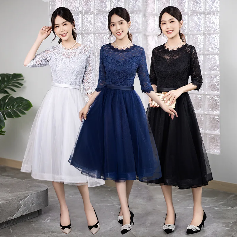 

Tea Length Bridesmaid Dresses With Half Sleeves Round Neckline Lace And Tulle Bridesmaid Party Dress