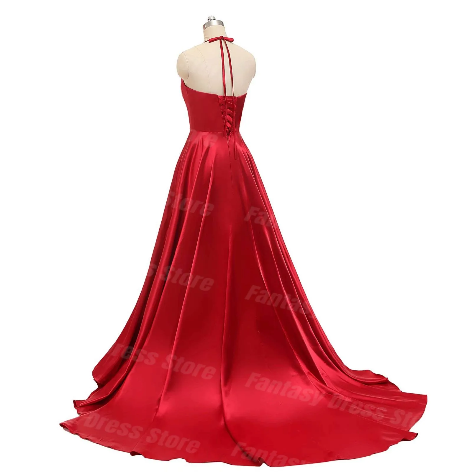 Elegant Red V-Neck Satin Prom Dresses V-Neck Italian Noodle Strap Sexy Backless Evening Dresses For Women فساتين مناسبة رسمية