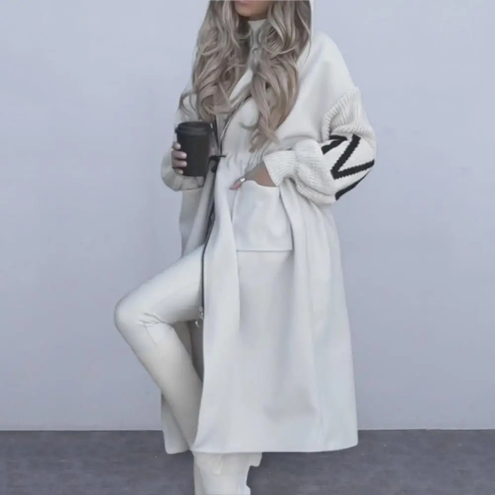 Long Sleeve Jacket Stylish Women's Winter Coat with Hood Patchwork Knitted Sleeves Drawstring Waist Trendy Outerwear for Cold