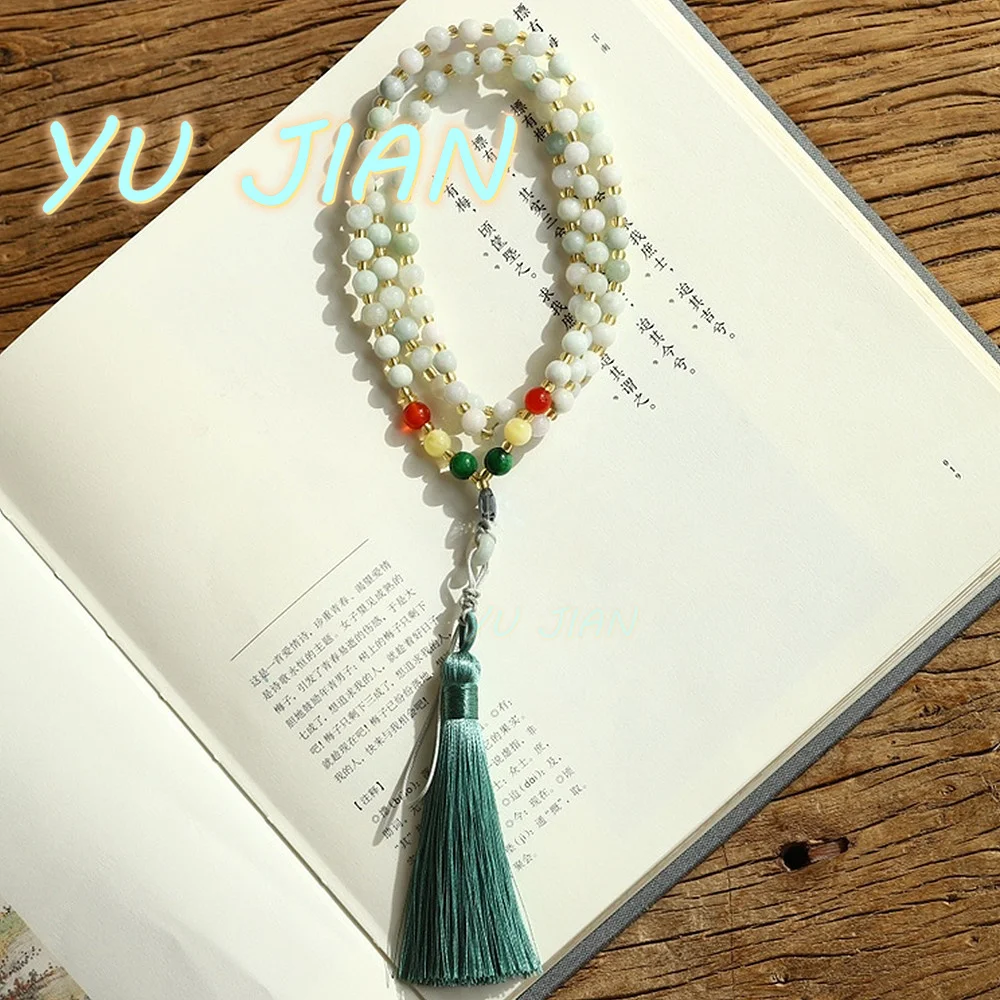 Natural Jadeite A Sweater Chain Multi-use Beads Hand-beaded With Fine China Fortune Spike Pendant Jade Necklace Handheld Jewelry