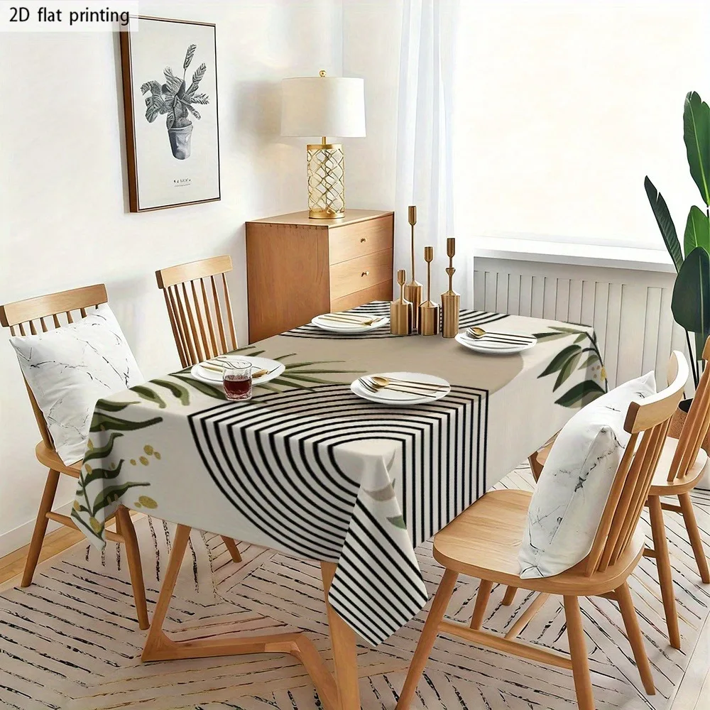 Soft Fashionable Aesthetic 2D Flat Tablecloth Machine Washable Easy Clean Geometric Lines And Green Leaves Combined Modern Minim