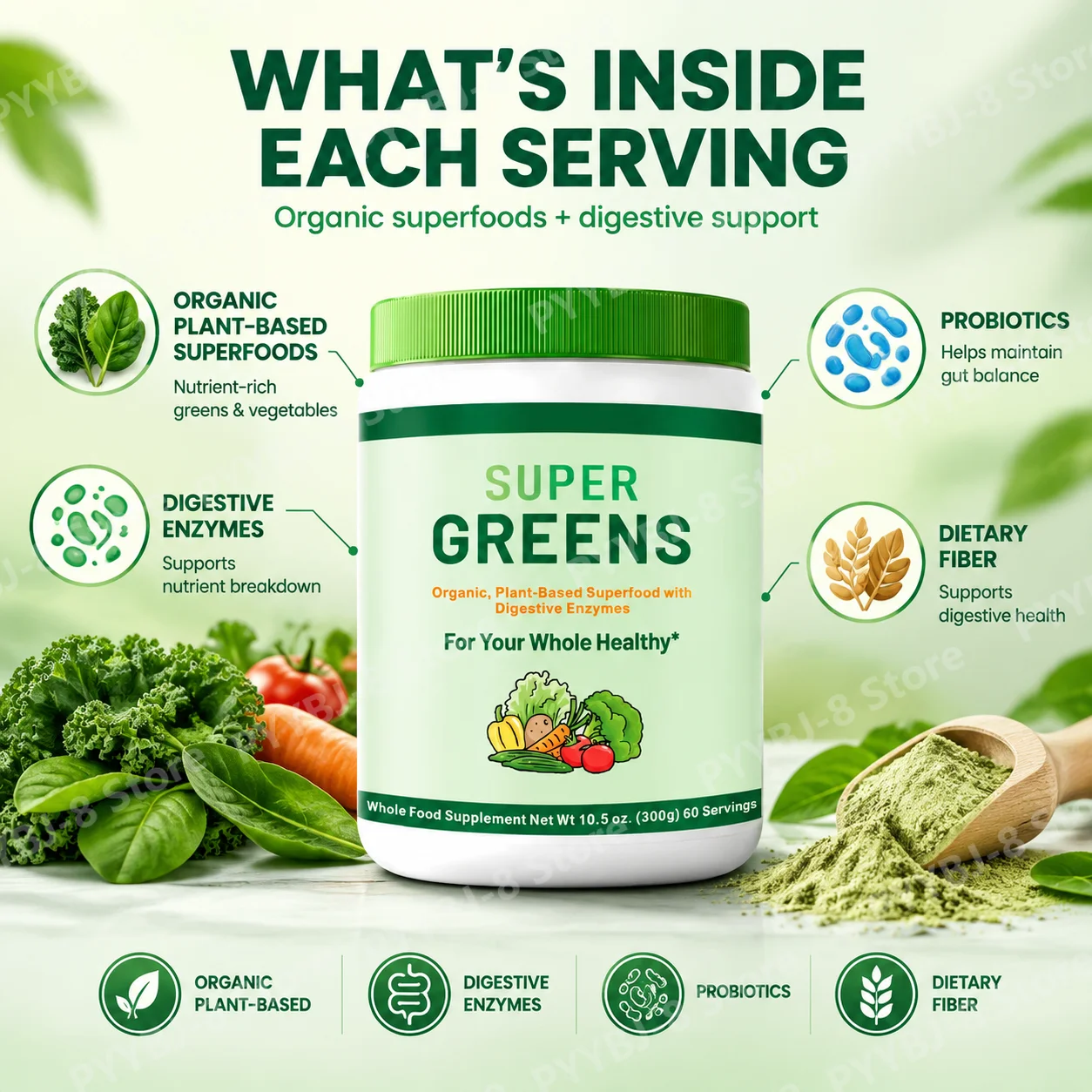Super Greens Powder Improve Gut Digestion&Balance Intestinal Flora,Organic Plant Superfood with Probiotics&Digestive Enzyme,300g