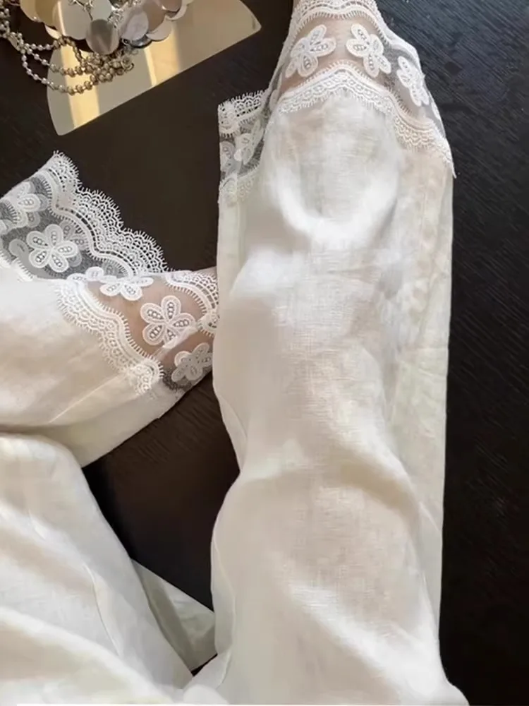 

Белые льняные широкие брюки с кружевной отделкой, женские летние длинные брюки прямого кроя с высокой талией премиум-класса из тонкого материала