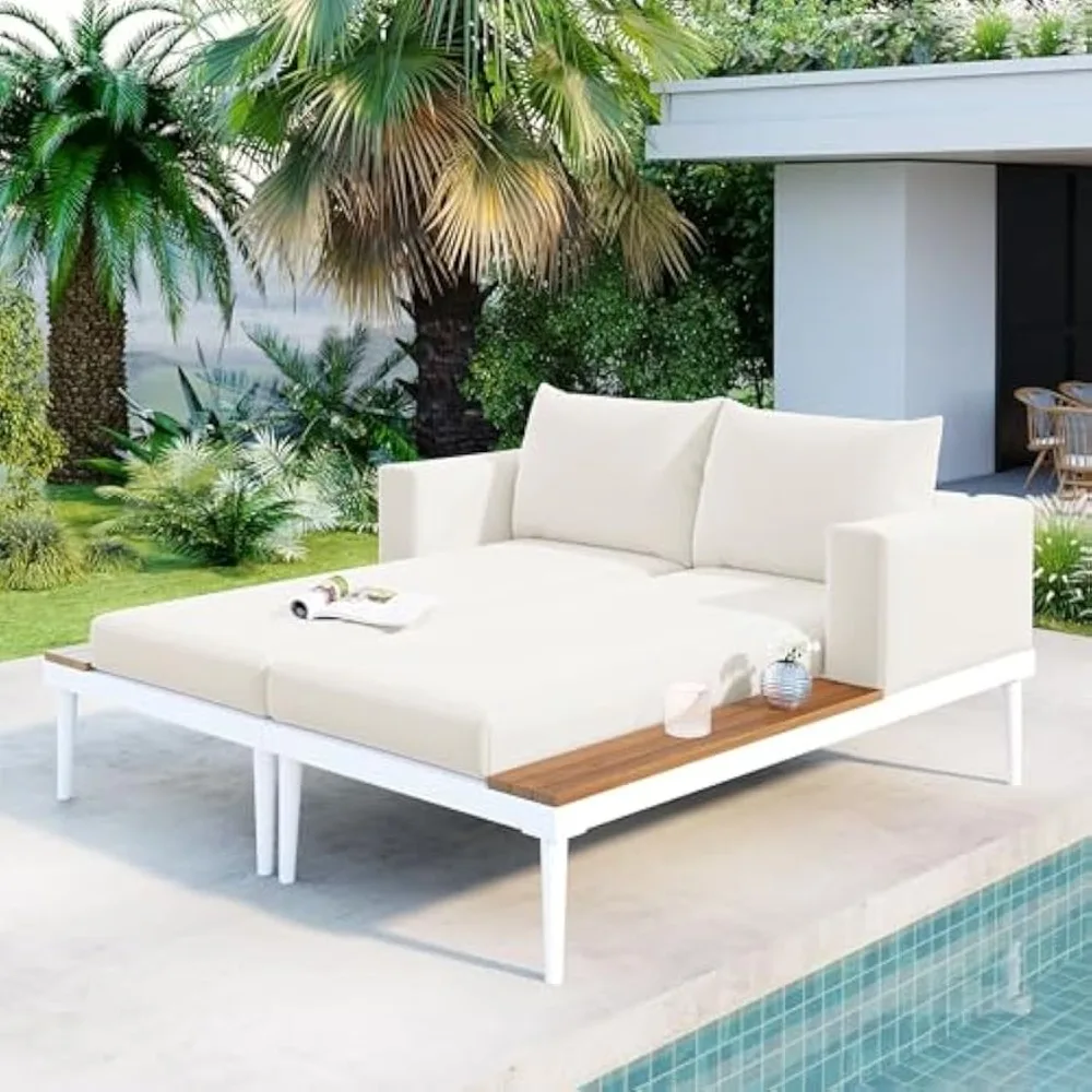 

Modern Outdoor Patio Daybed with Wood Topped Side Spaces for Drinks, Patio Metal Daybed 2 in 1 Padded Chaise Lounges