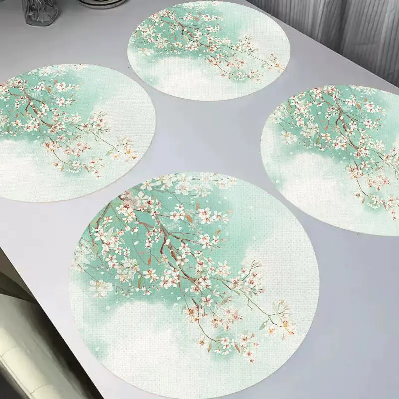 VIKAMA Fresh Water Green Ancient Style Round Linen Table Mat Insulation Washable Wear resistant Table Mat Table Decoration