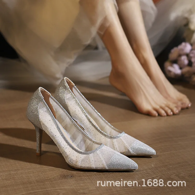

2025 Women's Spring and Autumn New Pointed Sexy High Heel Shoes Shallow Mouth Wedding Shoes