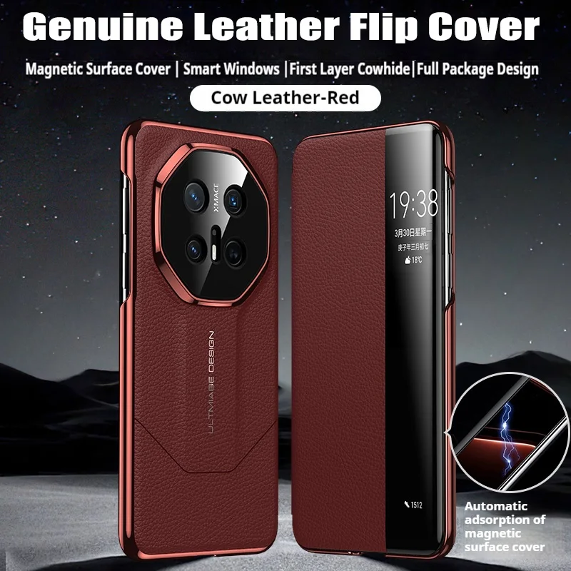 

Genuine Leather Flip Cover Case For HUAWEI Mate 80 Pro RS Mate 70 60 Smart View Wake Sleep Call ID Display