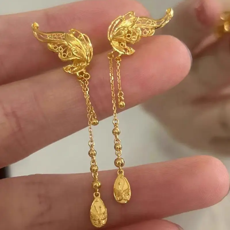 

Seiko Genuine Gold Electroplating Angel Wing Earrings Female Gold Ancient French Tide Tassel Ear Jewelry