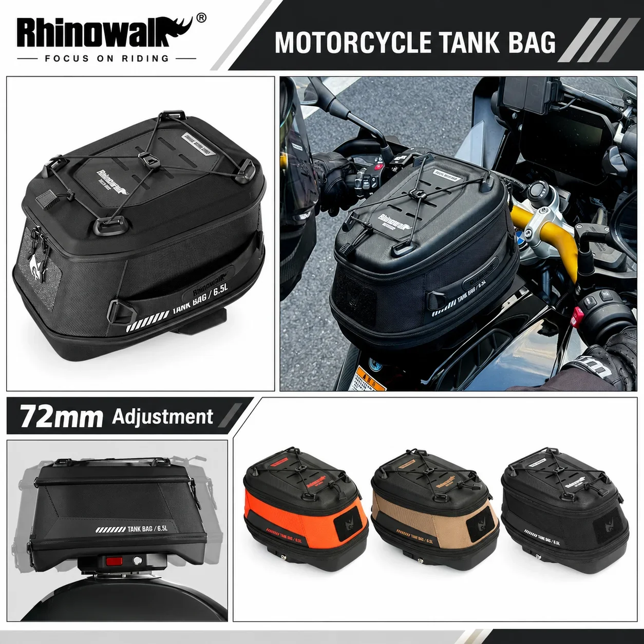 Rhinowalk Motorcycle Magnetic Tank Bag 5L-6.5L Expandable With Rain Cover For CFMOTO TRIUMPH SUZUKI Kawasaki VOGE BMW KTM HONDA
