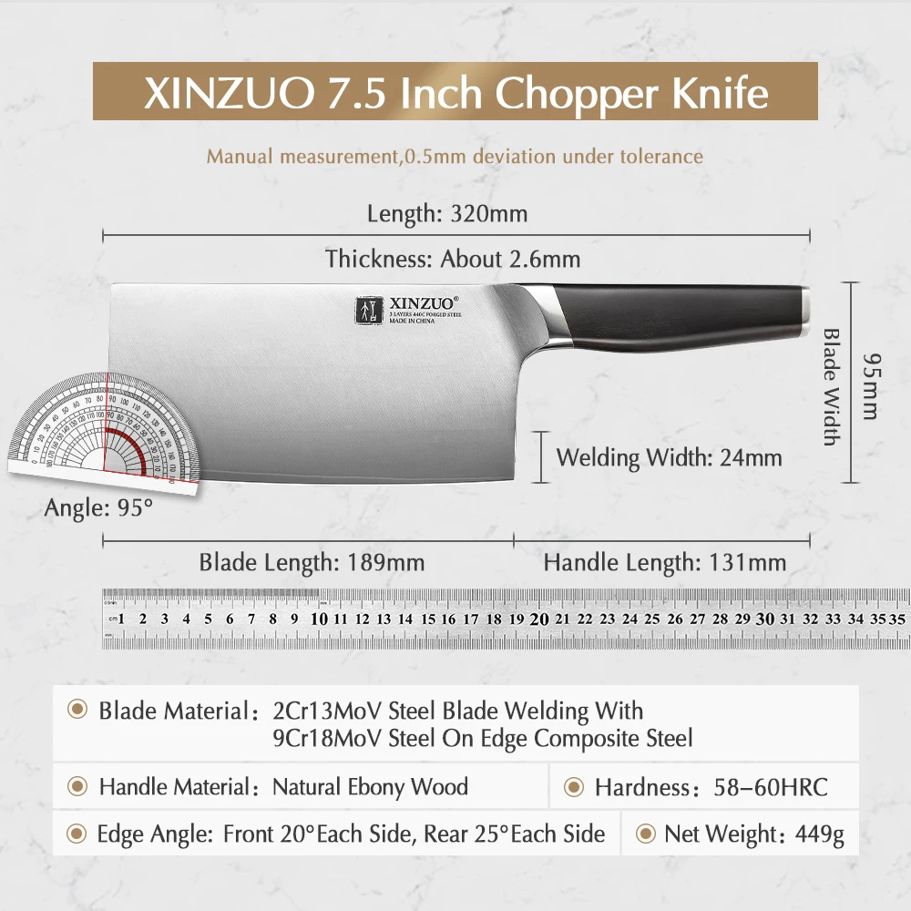 XINZUO 7.5\'\' Chopper Knife High Carbon Forged Stainless Steel Chinese Kitchen Knives Bone Chopper Slicing Knife Ebony Handle