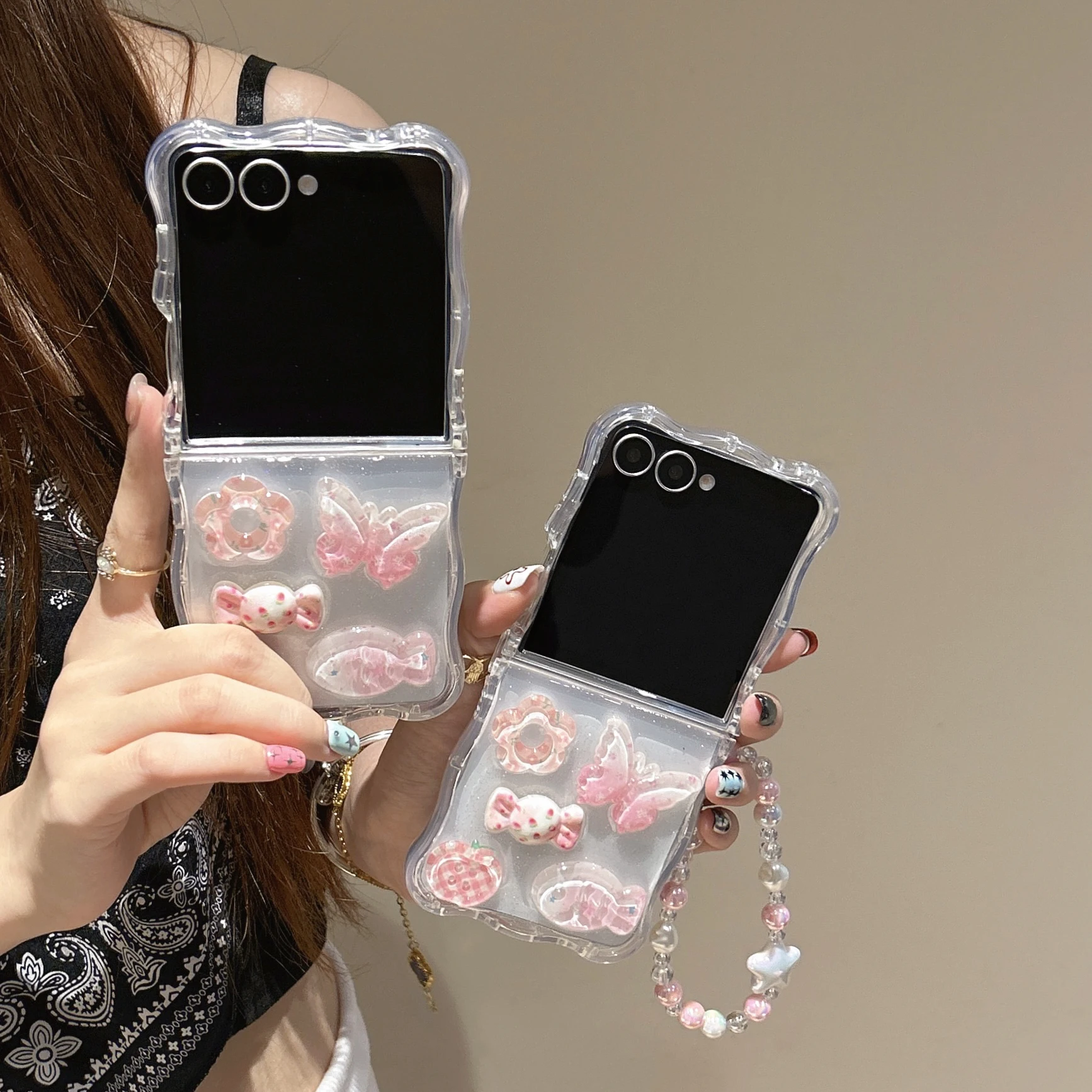 

Back Cover For Samsung Galaxy Z Flip 7 6 5 4 3 Case Gliiter Pink Candy Flower Butterfy Bracelet Wristband Chain Phone Case
