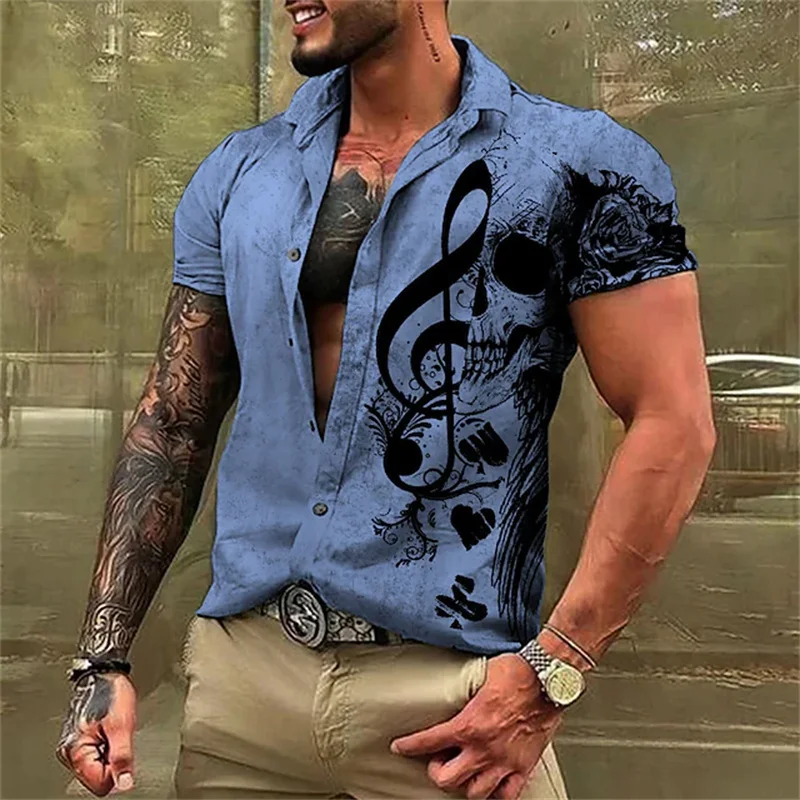 Musical Note Skull 3D Print Beach Shirts Men Women Casual Fashion Vintage Streetwear Short Sleeve Shirt Tops Blouse Man Clothing