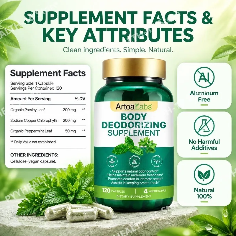 Body Deodorizing Capsules with Sodium Copper Chlorophyllin,Comfort in Intimate Areas,Odor Control,Daily Freshness 120 Capsules