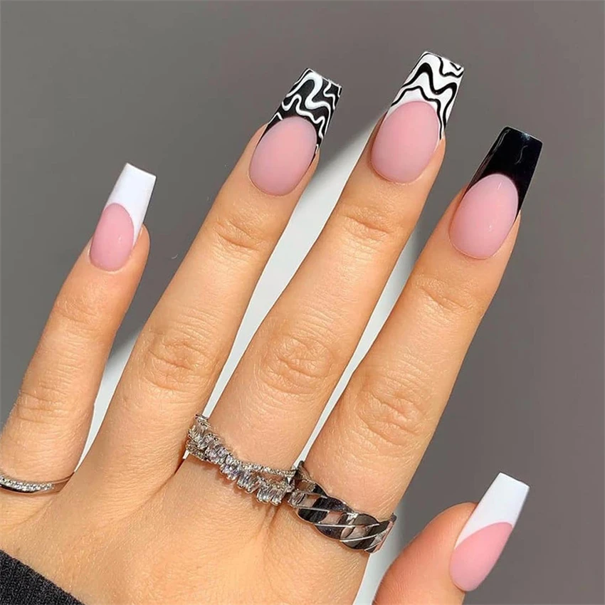 24Ps/Set Pink Edge French Fake Nails Art Full Cover Artificial Press on Acrylic Nails Ballerina Full Cover Coffin Stick on Nails