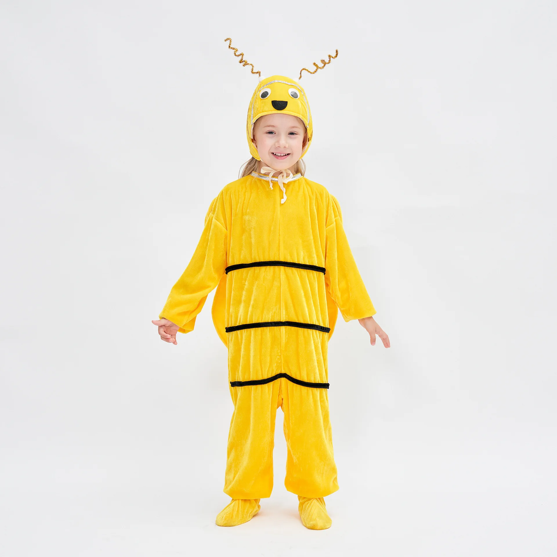 Kleine Bee Kids Cosplay Kostuums Voor Meisjes Jongens Nieuwe Schattige Gouden Fluwelen Jumpsuit Met Hoed Sets Feest Podium Voorstelling Kostuum