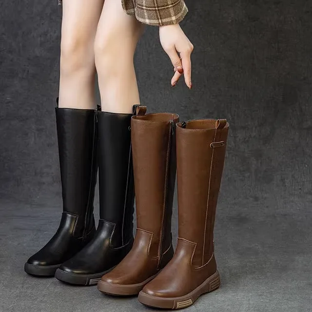 

Genuine Leather Long Tube Boots Women's British Style Knight Boots Boots above Knee High Tube Boots Ultrafine Fiber Ma...