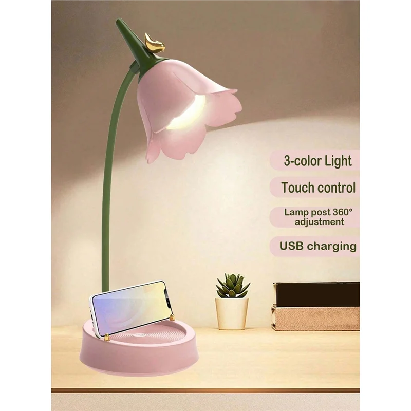 ABWR-ピンクフラワーLEDテーブルランプかわいい調節可能なタッチ充電式バッテリーナイトライト寮読書灯用