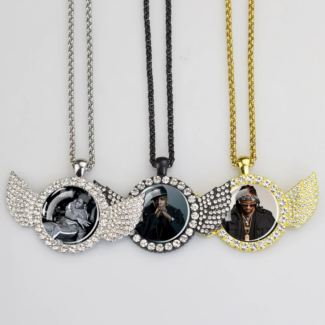 Custom Images Pendants Angel Wing Rhinestone Glass Pendant Necklace Personalized Photo Picture Hiphop Rock Jewelry Souvenir Gift