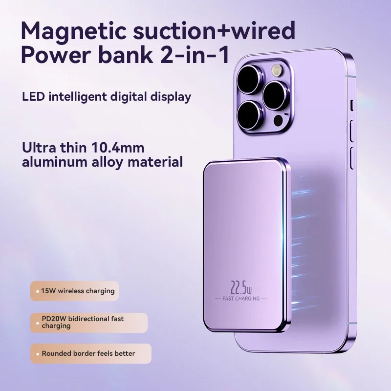 50000mAh Wireless Power Bank Ultra-Thin Magnetic Portable Charger 22.5W PD Super Fast Charging for iPhone Samsung