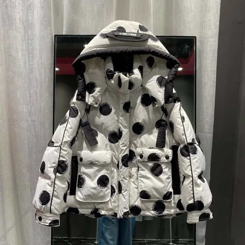 Chaqueta de plumón de lunares con estampado de moda versión coreana para mujer chaqueta de plumón de pato blanca fina gruesa de invierno exquisita