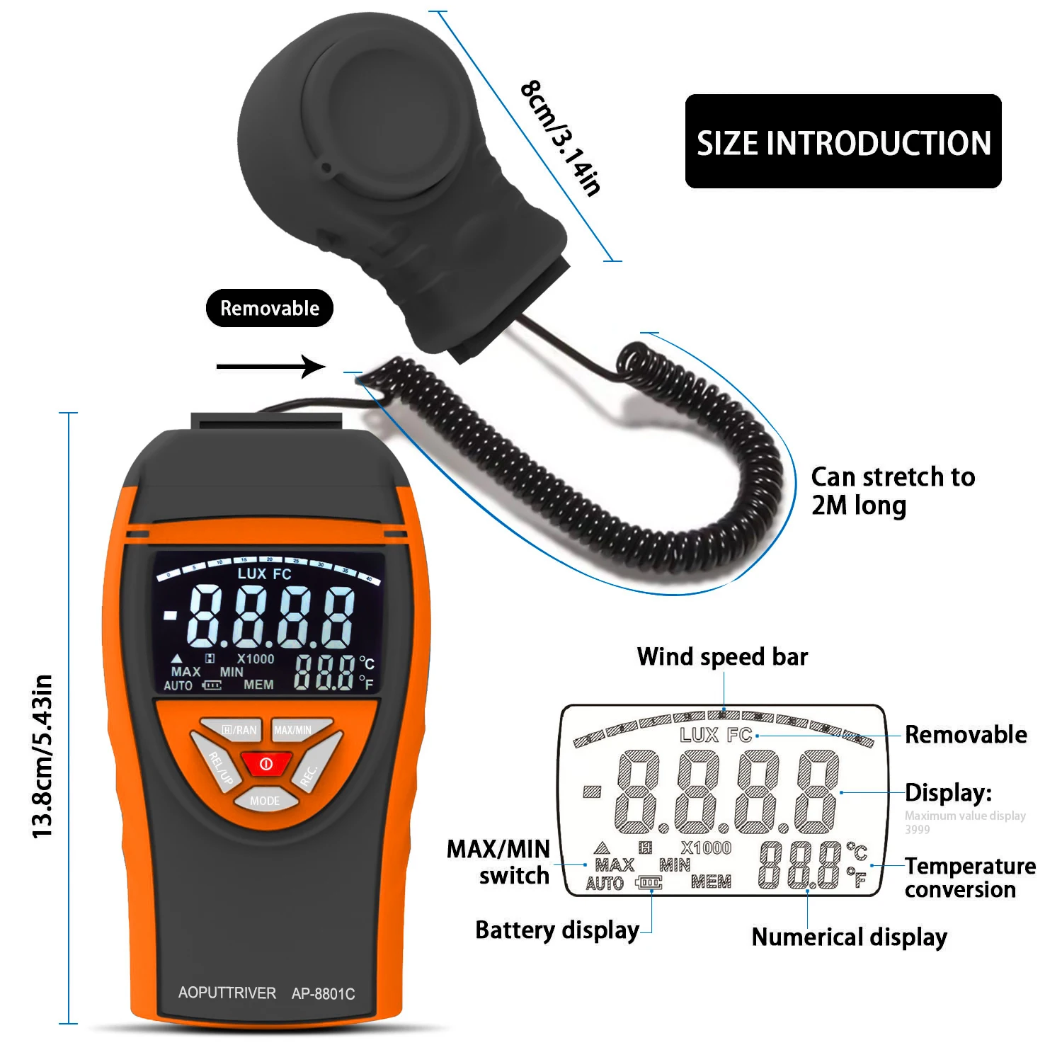 Medidor de luz digital lux medidor 400000 lux 3999 display máximo de variação automática retenção de dados medição relativa testador de luz de alta precisão