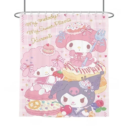 

Pink Sanrios Mymelody Cinnamoroll Kuromi Kawaii Shower Curtains Waterproof Mildew Bath Screen with Hooks Anime Home Decor