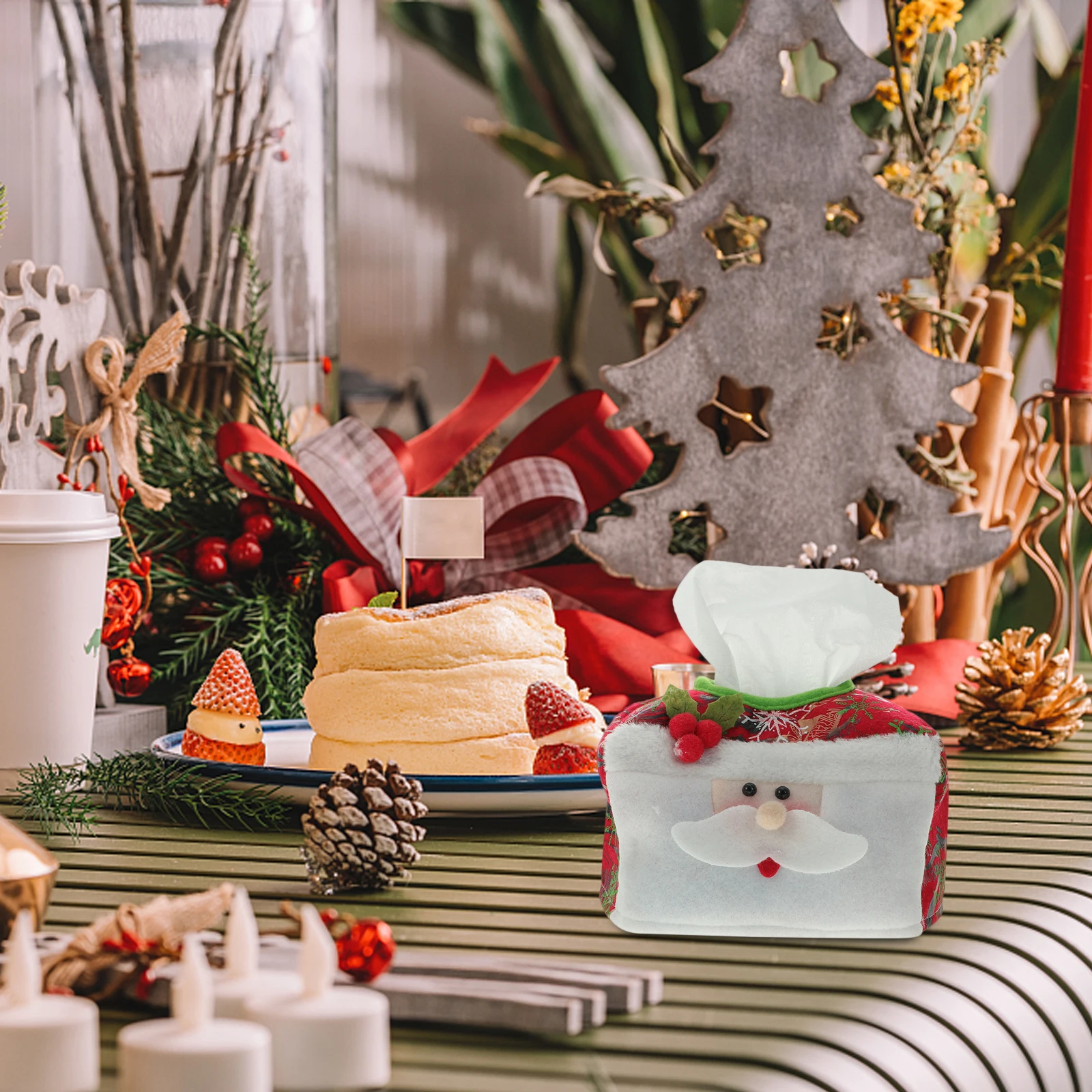 

2pcs Christmas Fabric Tissue Box Cover Leaf Santa Pattern Portable Holder For Home Living Room Office Decorative Storage