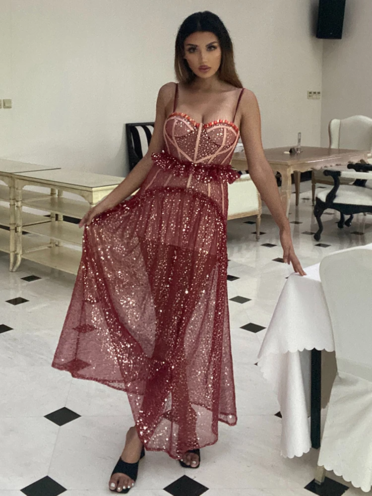 

Elegant Sleeveless Sparkly Corset Maxi Dress Women Summer Sexy Gown Beaded Ruffles Bodycon Celebrity Evening Party Long Dress