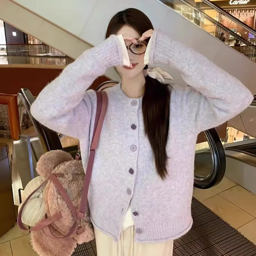 

Ladies Soft Purple Knitted Cardigan Sweater Outerwear Gentle Autumn Lazy Sle Small Size Friendly Comfortable Polyester