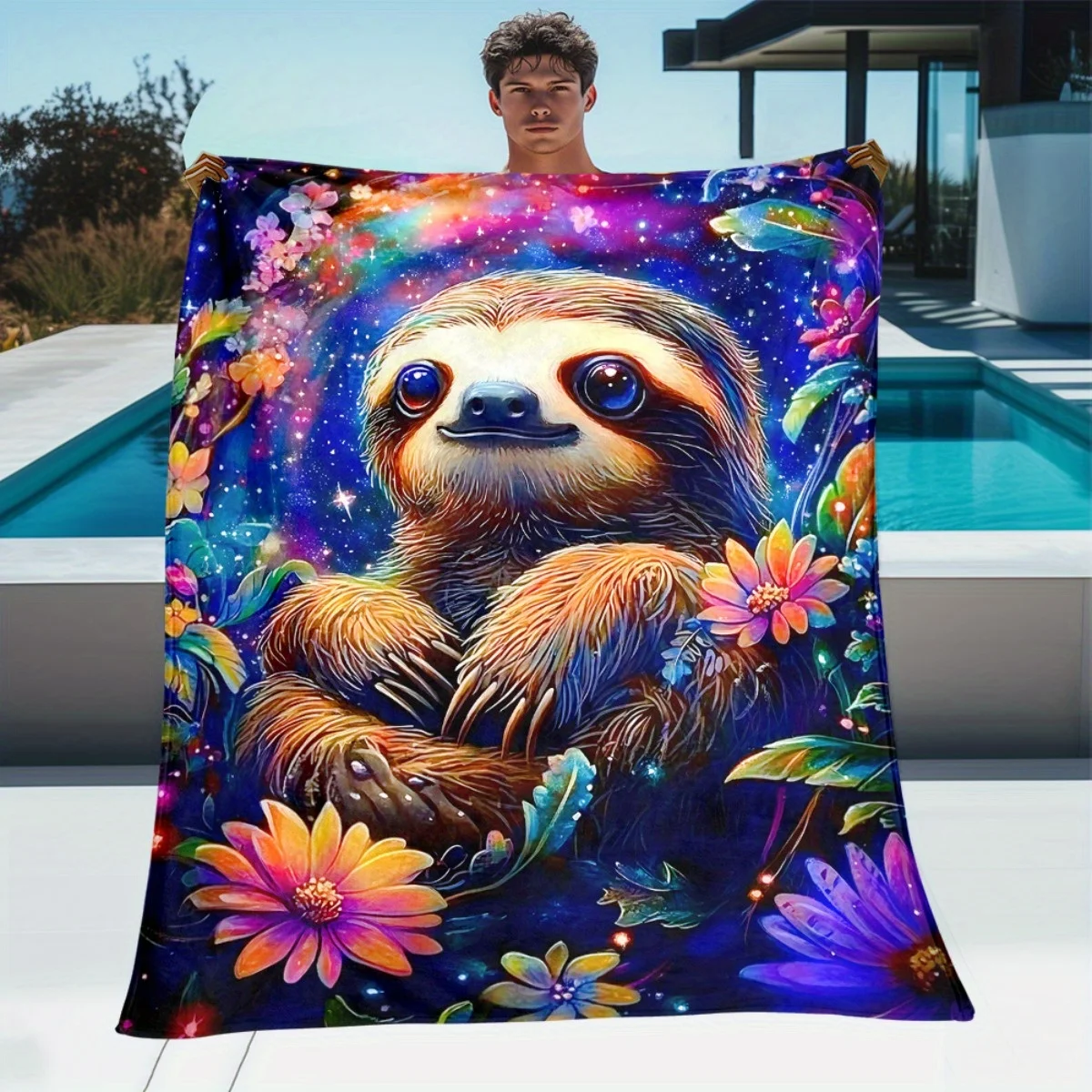 1pc Sloth Surrounded by Colorful Flowers Blanket-Lightweight Flannel Home Furnishings Bedding Blanket Suitable for Sofas Beds Tr