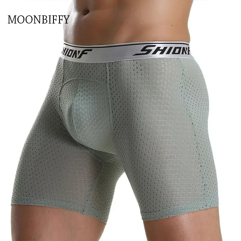 Shionf Long Boxer Men Cuecas Mesh Breathable Underwear Male Underpants Man Boxer Shorts Homme Ice Silk Sportswear Men