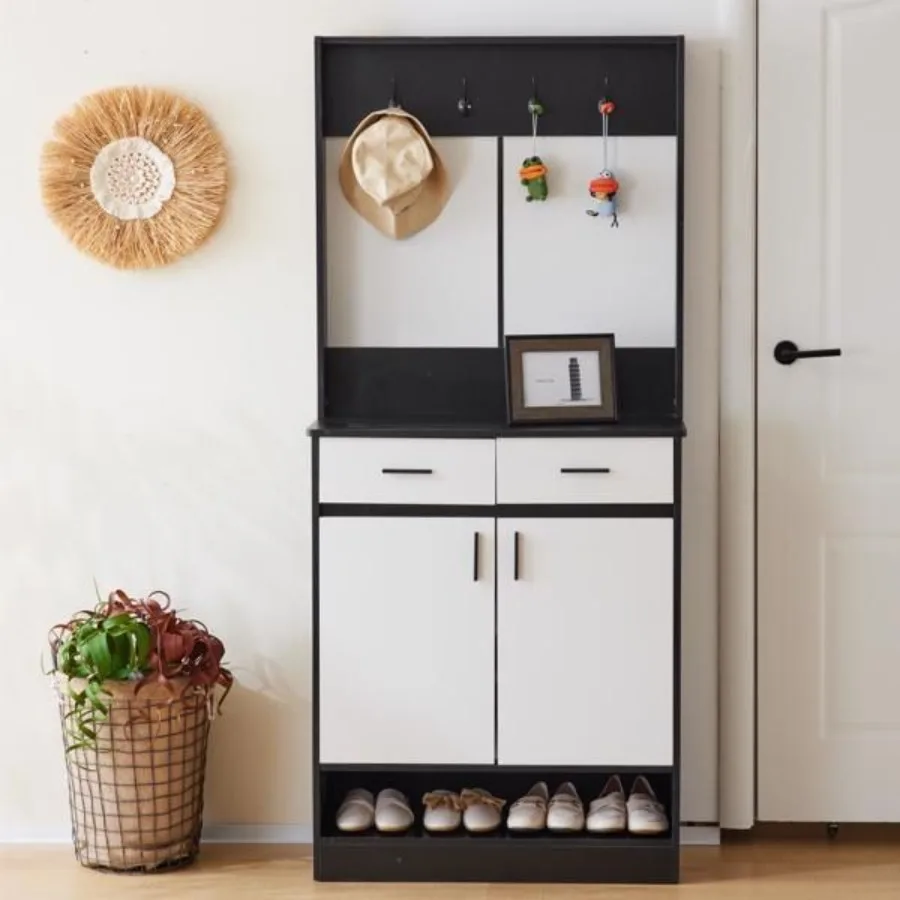 

Entryway Bedroom Armoire Shoe Cabinet Wardrobe Armoire Closet Drawers and Shelves Handles Hanging Rod white and black