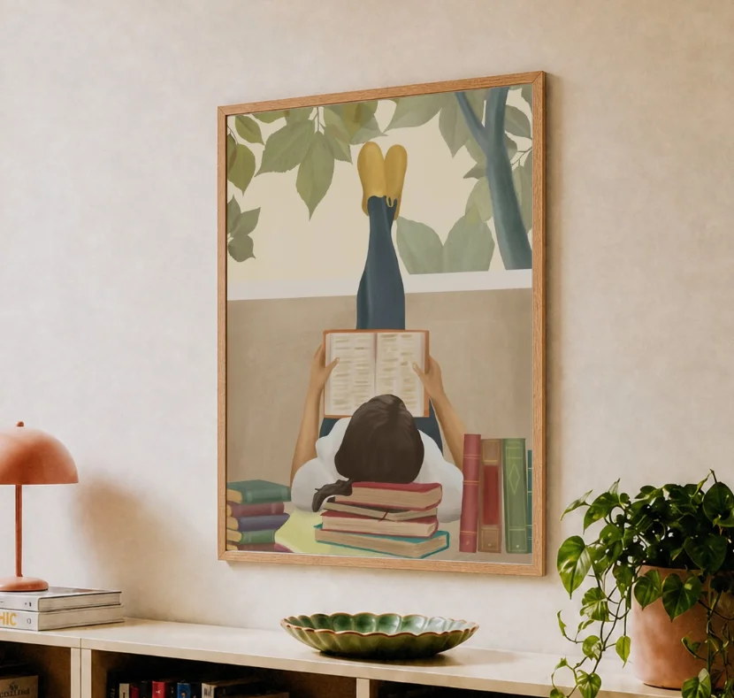 Whimsical Book Lover Wall Art Print, Woman Reading Among Books Under Tree, Calm Boho Reading Nook Decor Poster
