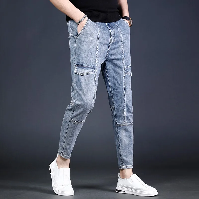 

Cargo Jeans Men Summer Slim Fit Ankle-Length Pants Streetwear Fashion Casual Blue Patchwork Denim Trousers