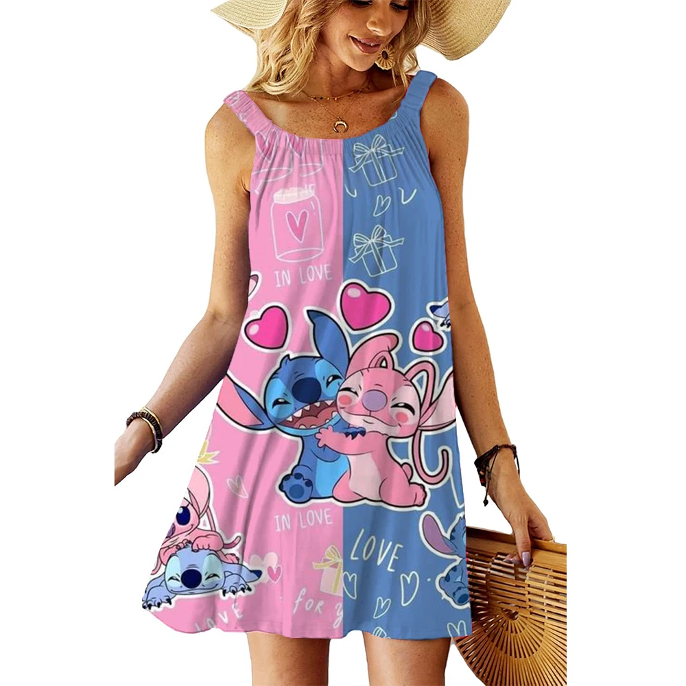 Sukienka plażowa Y2k Luźne eleganckie sukienki dla kobiet 2025 Party Cartoon Sexy Woman Clothes Robe Stitch Sling Sleeveless Printed Boho