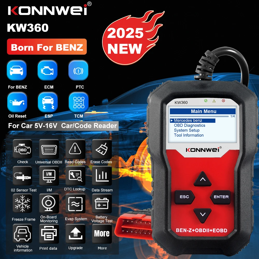 2026 KONNWEI KW360 OBD2 Car Diagnostic Tool for Mercedes-Benz Full System OBDII Car Fault Scanner Multi Function Reset Function
