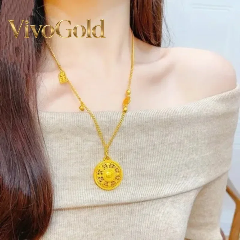 VivoGoldNew Style Ancient 9999 24K Real Gold Fu Character Hollow Eight Treasure Compass Filigree Round Plate Hanging for Girlfri