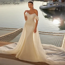 Lceland Poppy Customized Lace Mermaid Wedding Dresses Off the Shoulder Beaded Pleated Bridal Gowns with Detachable Train