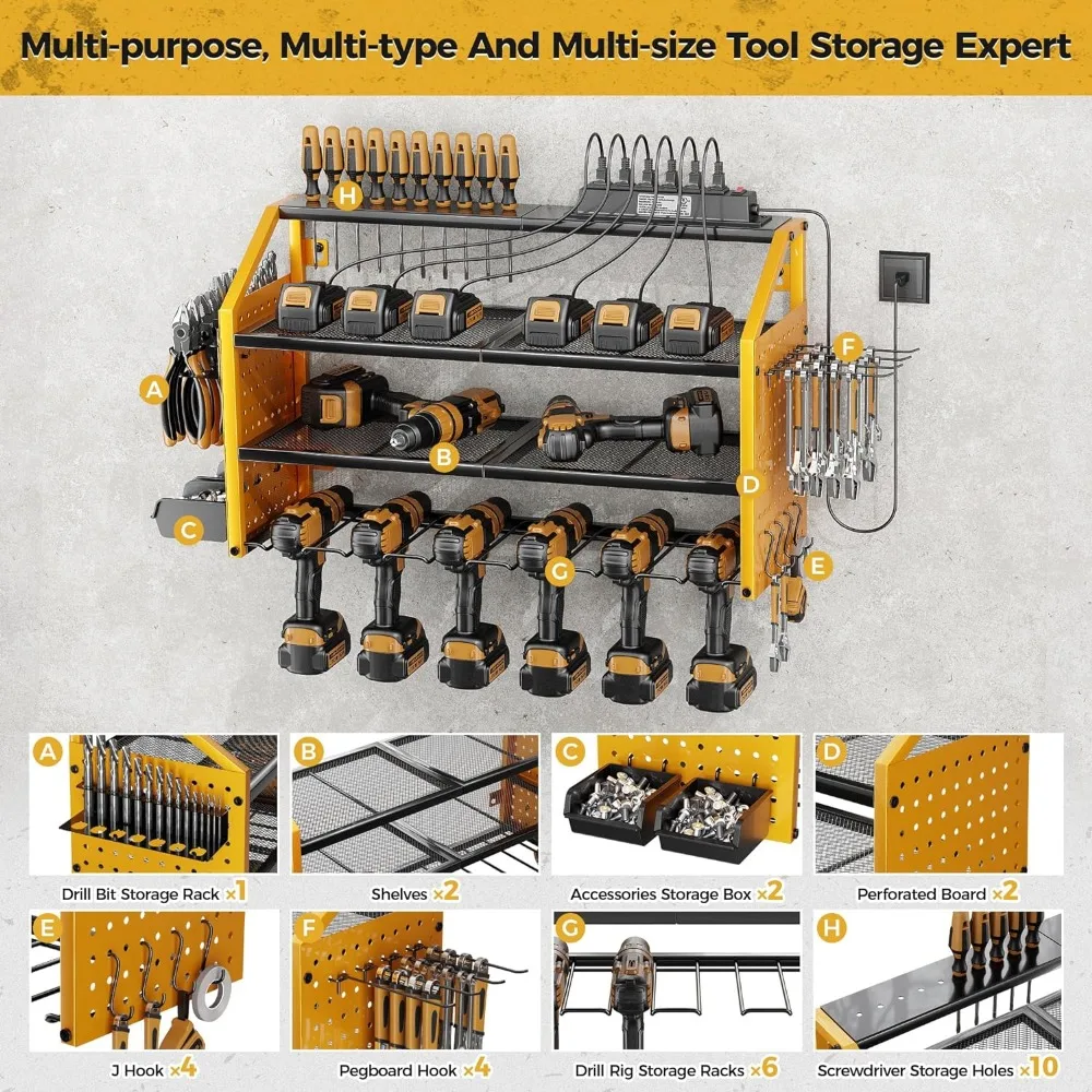 LBT Power Tool Organizer with Charging Station. Patented, Drill Storage Rack Wall Mount, Heavy Duty Steel, 6 Drill Storage Shelf