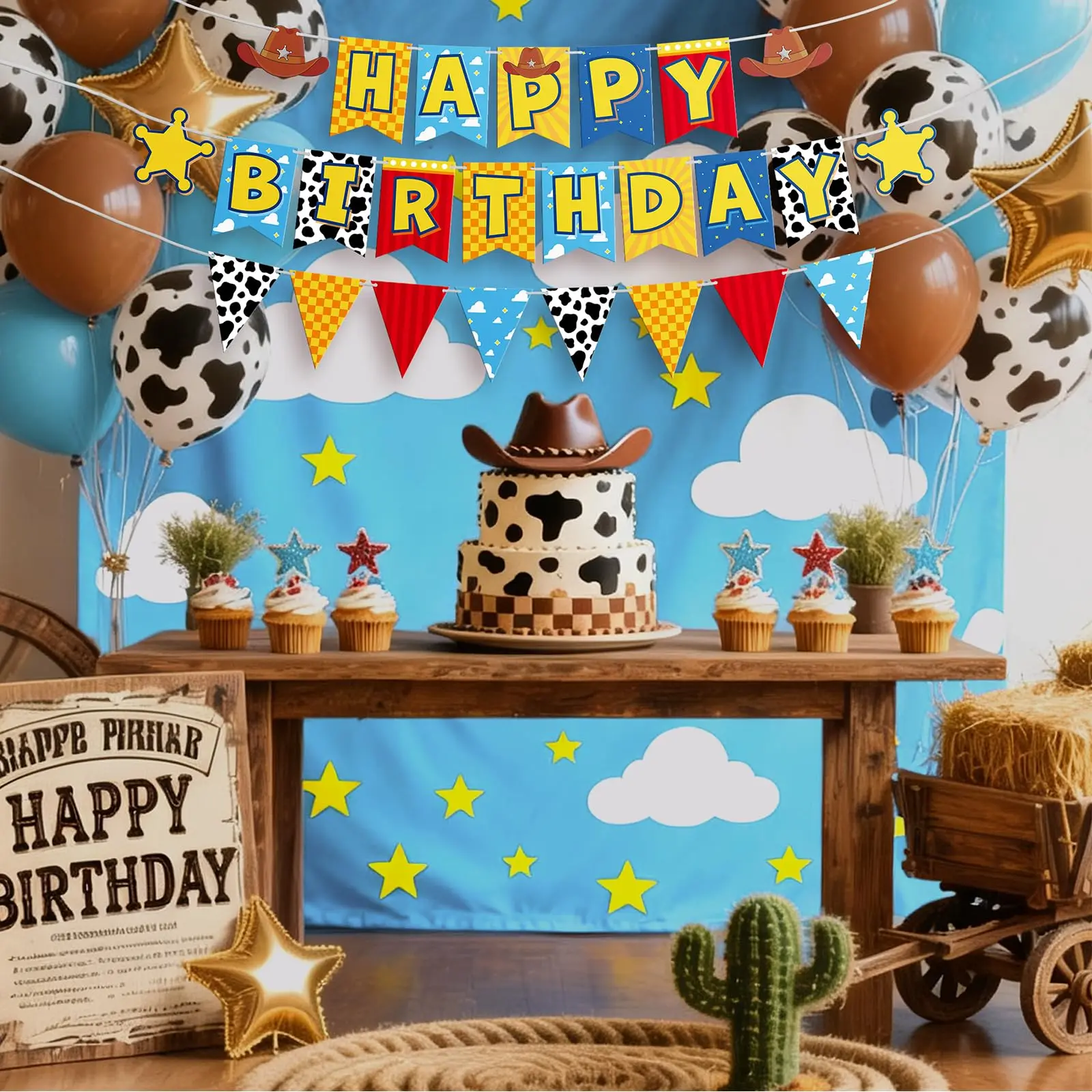Blauer Himmel Weiße Wolken Wimpelkette Dekoration Cartoon-Motiv Spielzeug-Kuh-Muster Banner für Kindergeburtstag Babyparty-Zubehör